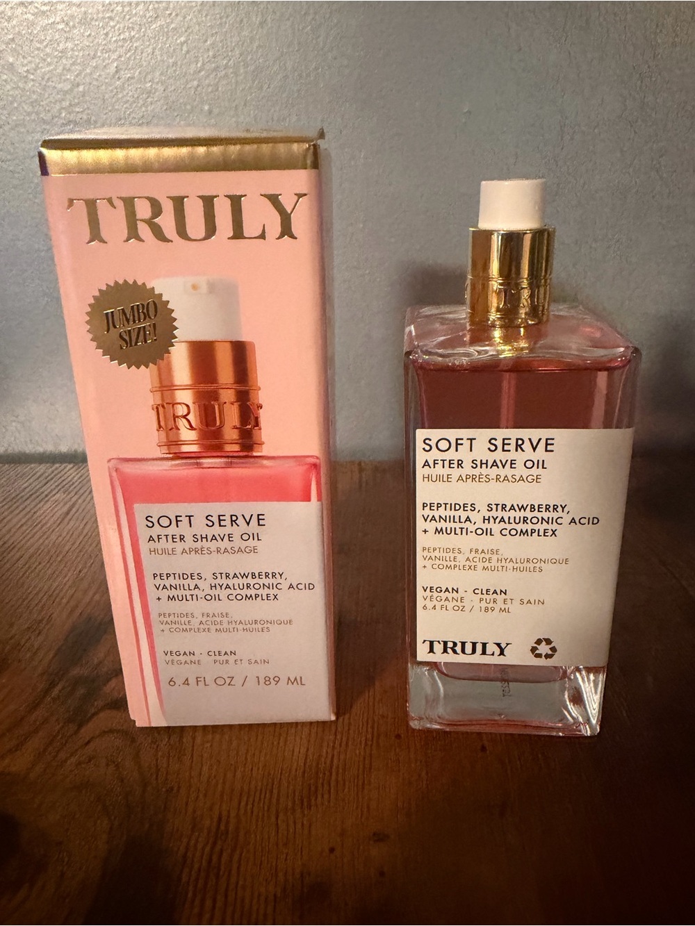 Truly Soft Serve Aftershave Oil Jumbo 6.4 oz Vegan Peptides Strawberry Vanilla